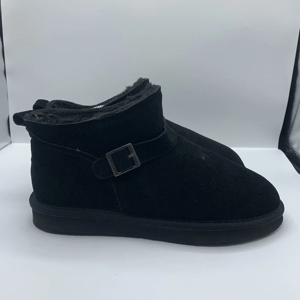 Pawz By Bearpaw Black Leather Suede/Fur Flat Slip on Ankle Boots sz 10